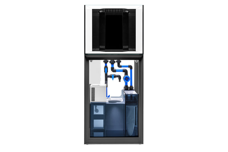 Rimless UNS Reef System R60 aquarium by Ultum Nature Systems, showcasing clear glass construction and sleek design.