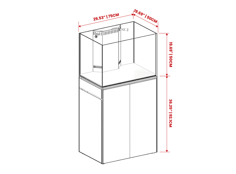 Clear UNS Reef System R75 rimless tank by Ultum Nature Systems, showcasing its sleek, modern design and transparent glass walls.