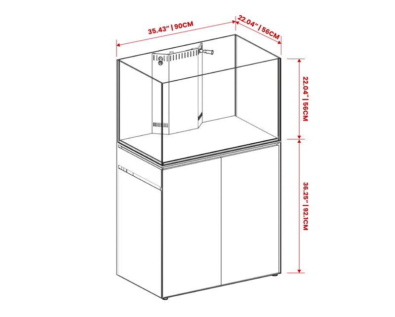 Clear UNS Reef System R90 rimless tank by Ultum Nature Systems, showcasing sleek glass design and open top for reef aquarium.