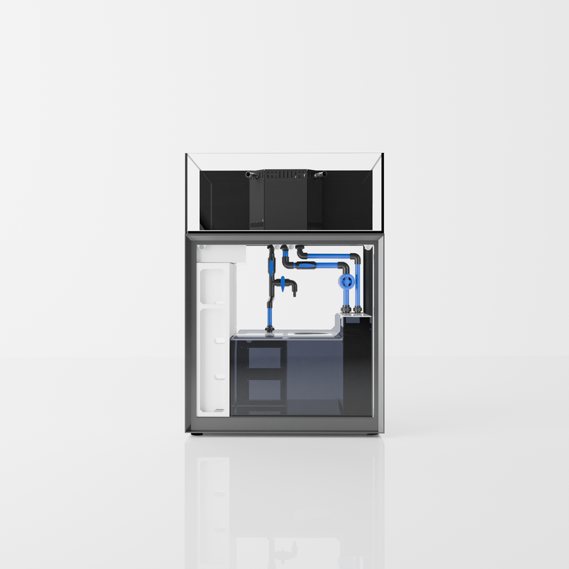 Ultum Nature Systems UNS Reef System R90 Shallow rimless reef tank with sleek glass edges and marine aquascaping inside.