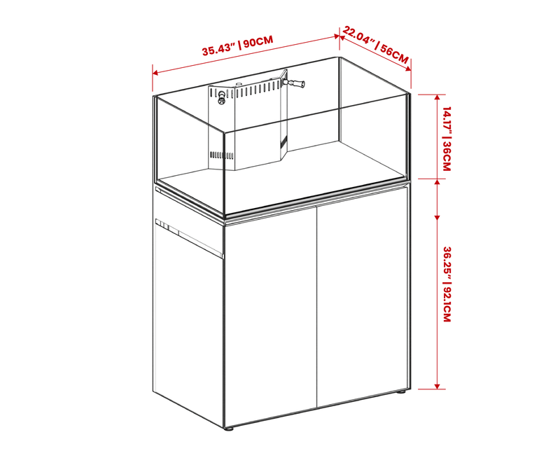 Clear rimless UNS Reef System R90 Shallow tank by Ultum Nature Systems shown with transparent glass and sleek design.