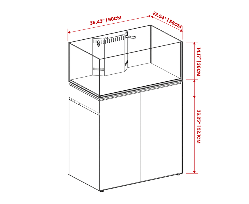 Rimless UNS Reef System R90 Shallow tank by Ultum Nature Systems, showing clear glass edges and spacious aquatic habitat.