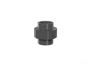 Flowcolour UPVC DIN to ANSI union connector for plumbing, showcasing the durable plastic fitting with threaded ends.
