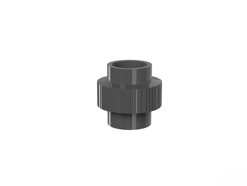 Flowcolour UPVC DIN to ANSI union connector for plumbing, showcasing the durable plastic fitting with threaded ends.