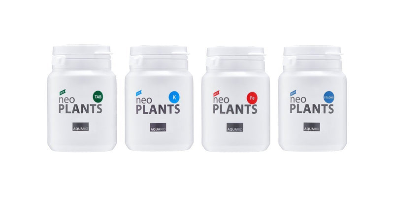 Aquario Neo Plants Tab FE iron root fertilizer for aquatic plants, showing the water conditioner tablet in a clear container.
