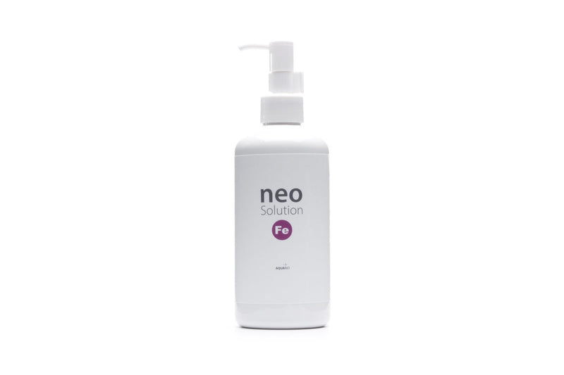 Aquario Neo Solution FE liquid iron fertilizer in a bottle, used as a water conditioner for aquatic plants and tanks.