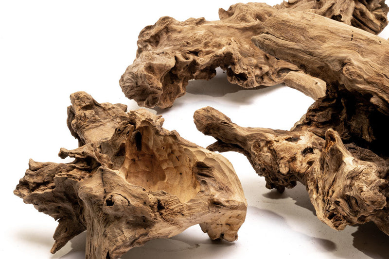 Medium-sized driftwood basin made of natural wood by UNSHARDSCAPE, showcasing its textured, organic surface and unique wood grain.