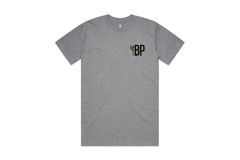 Heather grey Bucey Hustle Tee from Epic Imprints featuring a Buce Plant graphic on casual apparel.