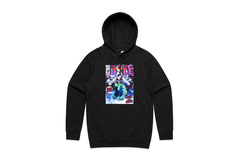 Epic Imprints Buce Plant Moss Man hoodie, blue sweatshirt featuring a detailed moss plant graphic, casual apparel for nature lovers.