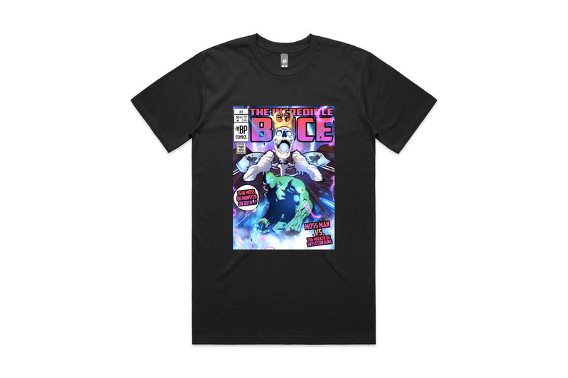 Black Buce Plant Moss Man T-Shirt by Epic Imprints, featuring a detailed graphic design on the front.