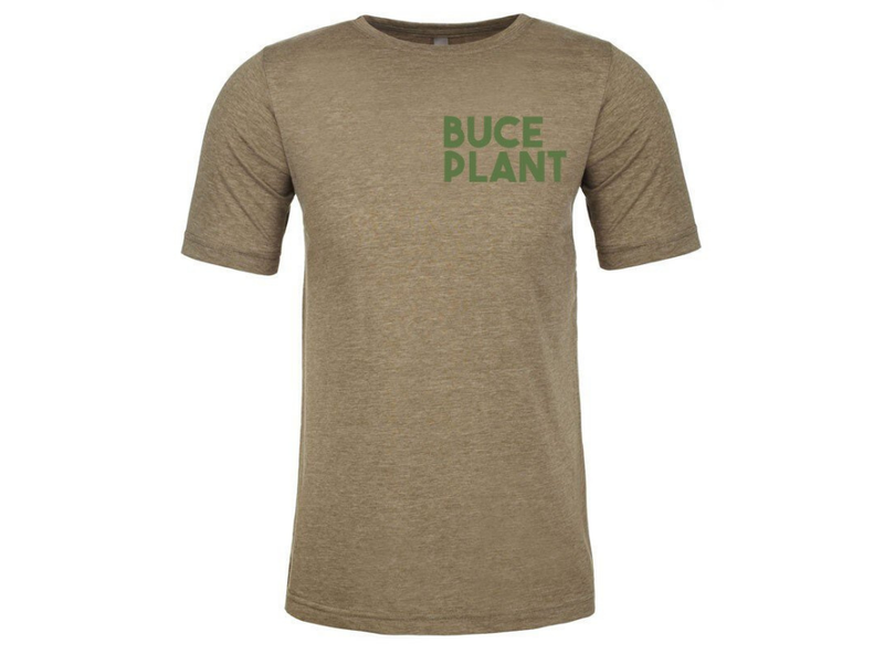 Sage green Buce Plant Discus Tee by BP Apparel, casual short-sleeve shirt with botanical print, front view.