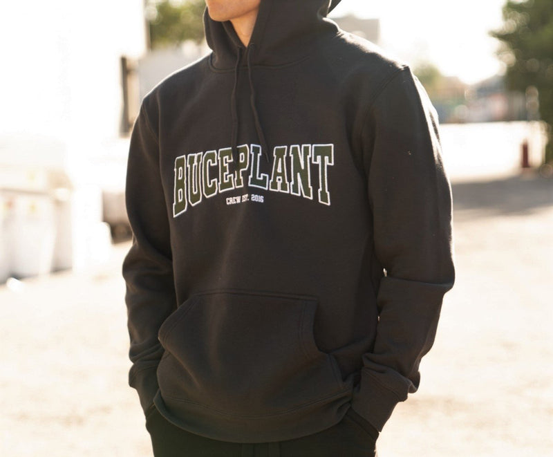 Gray embroidered hoodie featuring a Buce Plant design from BP Apparel, casual apparel with front pocket and drawstring hood.