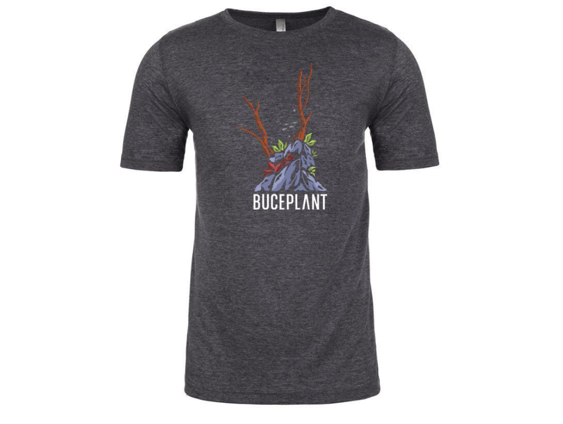 Dark charcoal Buce Plant Scape T-shirt by BP Apparel, featuring a detailed botanical print on soft cotton fabric.