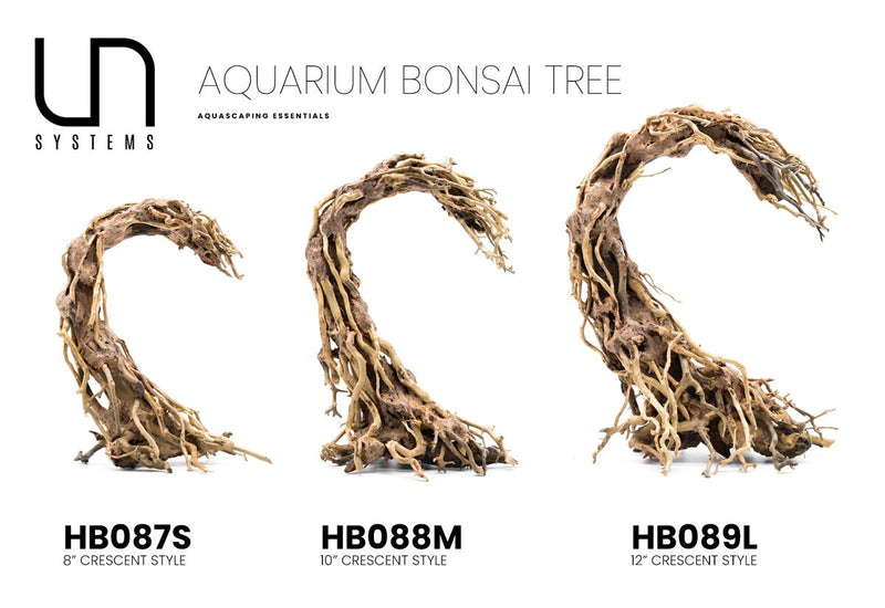 Crescent-shaped bonsai tree aquarium driftwood by UNSBONSAI, natural wood piece ideal for aquatic plant displays.