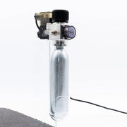 Dymax CO2 disposable cartridge holder accessory, shown with attached cartridge for easy CO2 tank management.