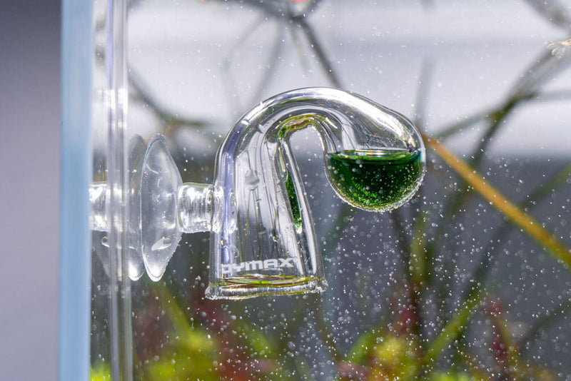 Dymax CO2 Drop Checker device for monitoring aquarium CO2 levels, with clear glass and measurement scale.