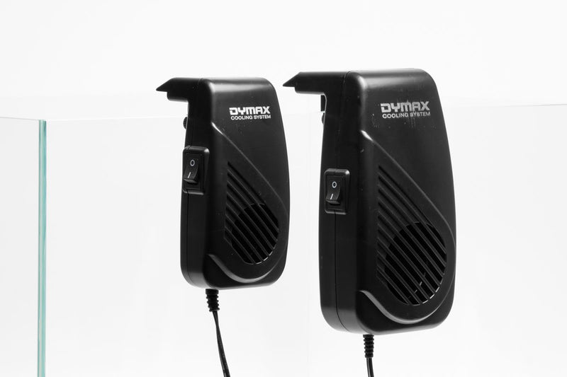 Dymax Vortex cooling fan accessory, compact black fan with blades and mounting bracket for electronic cooling.