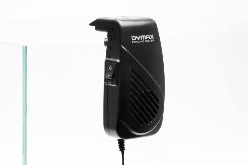 Dymax Vortex cooling fan accessory showing a compact black fan with blades and mounting frame, designed for electronic cooling.
