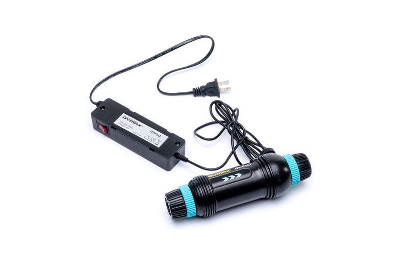 Dymax UV Flo inline steriliser filter unit for water purification, compact and durable design with UV sterilization system.