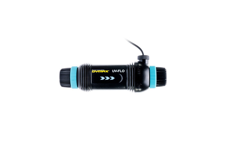 Dymax UV Flo inline sterilizer filter for water treatment, featuring compact design and clear UV sterilization chamber.