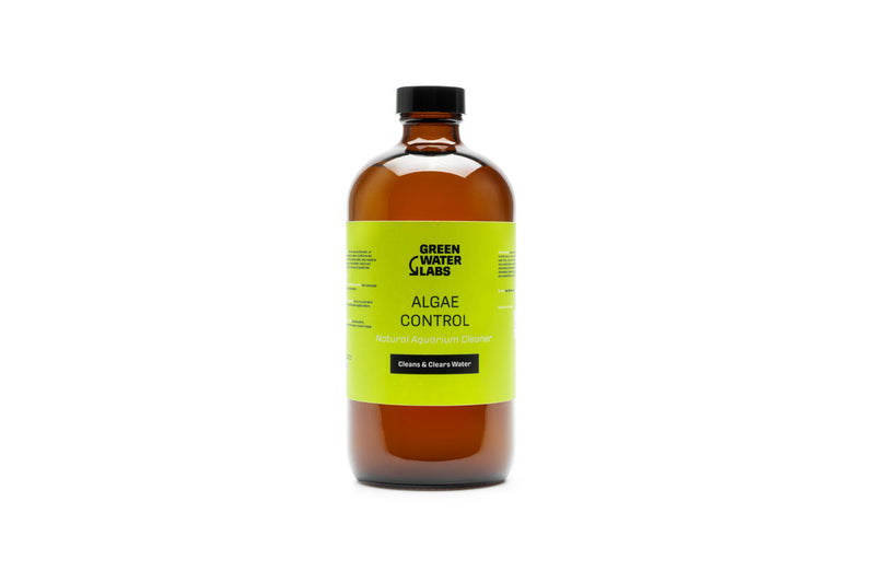 Green Water Labs algae control water conditioner bottle with label, designed to reduce algae in aquatic environments.