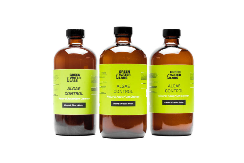 Green Water Labs algae control water conditioner bottle with label, designed to reduce algae in ponds and aquatic systems.