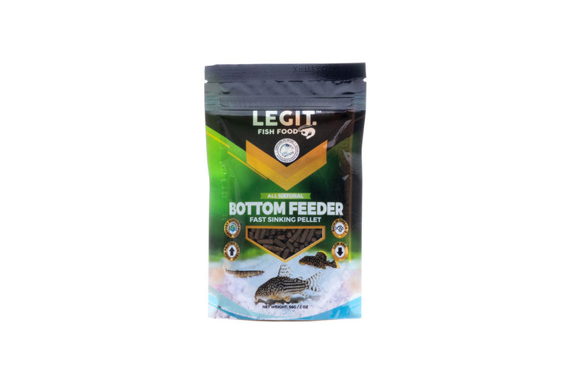 LFF Legit Fish Food bottom feed pellet for freshwater fish in a clear container, showing the small, round fish food pellets.