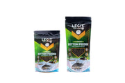 Container of LFF LEGIT Fish Food for bottom-feeding fish, showing the fish food pellets in a clear jar.