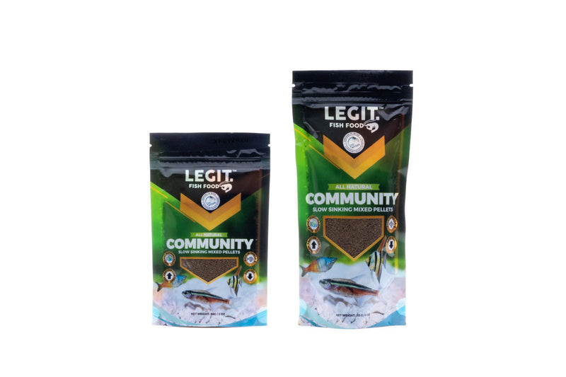 LFF Legit Fish Food Community formula container with fish food pellets for freshwater aquarium fish.