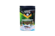 Legit Fish Food Community blend in a resealable bag, designed for freshwater fish, by LFF, with colorful fish swimming in the image.