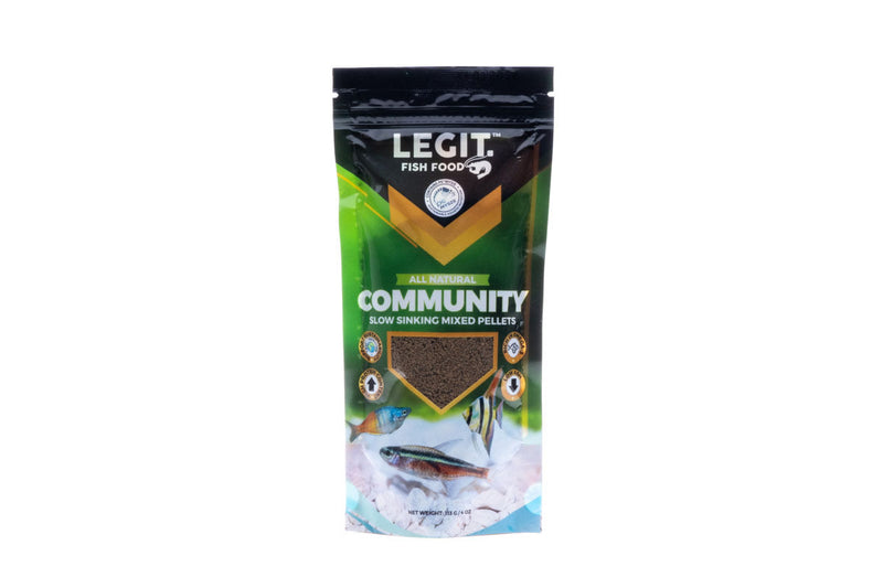 LFF Legit Fish Food Community blend in a clear container, designed for healthy aquatic fish nutrition and community tank feeding.
