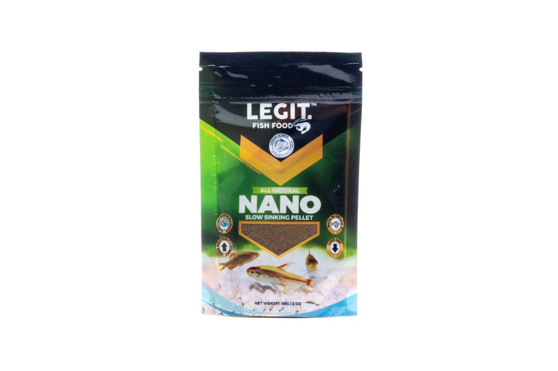 Small container of LEGIT Fish Food Nano from LFF with fish food pellets, designed for nano fish tanks.