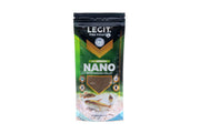 Container of LFF LEGIT Fish Food Nano for small aquarium fish, showing the fish food pellets inside