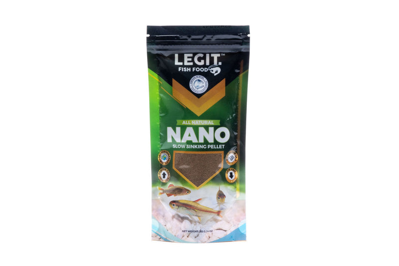 Container of LFF LEGIT Fish Food Nano for small aquarium fish, showing the fish food pellets inside
