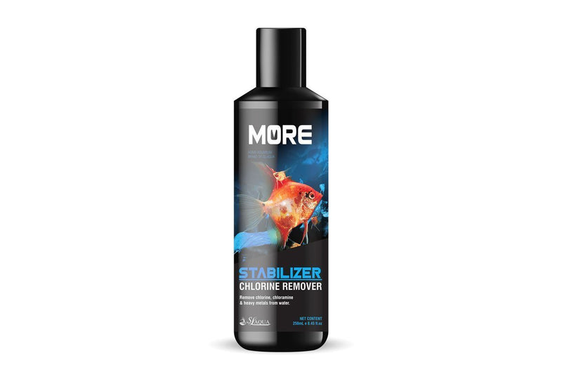 Black SL AQUA MORE Stabilizer water conditioner for aquarium tanks, showing the sleek black bottle and label.
