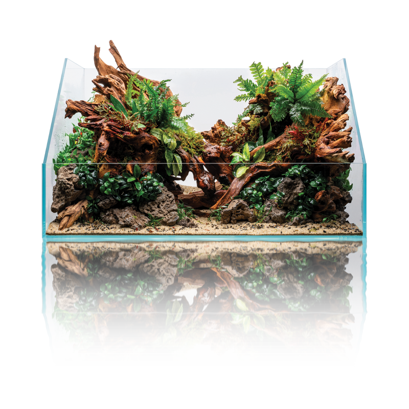 Clear glass UNS 60E Rimless Paludarium by Ultum Nature Systems showing the 6.8-gallon ultra-clear tank with open top design.